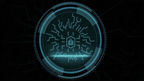 animación del icono digital del candado y procesamiento de datos sobre fondo negro