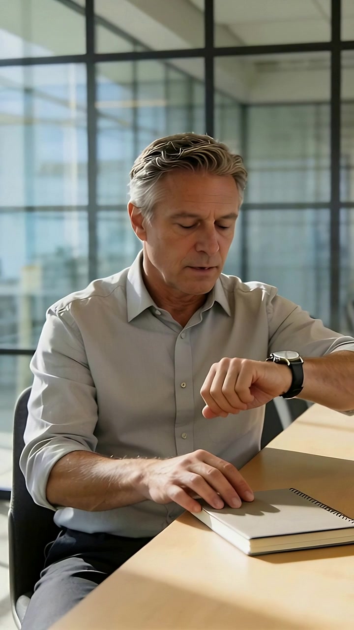 Vertical video: Sitting man in shirt checking watch using spiral pad at table preparing for meeting