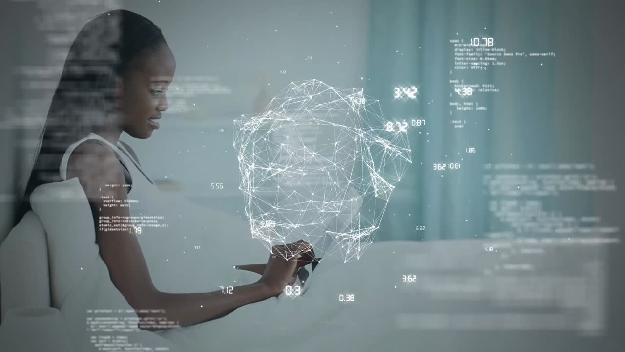 Animation of globe of network of connections data processing over woman using digital tablet