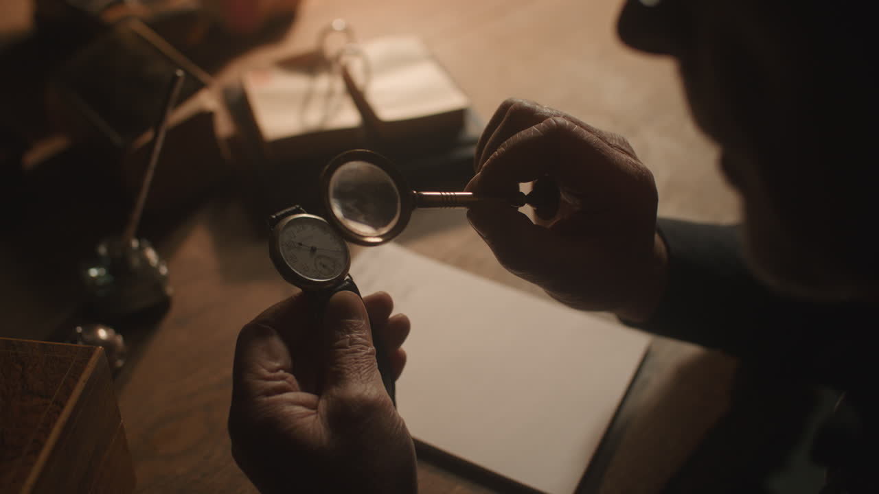 Older passionate man evaluates an old watch in his office at night