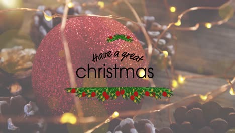 Animation-of-christmas-greetings-text-over-christmas-decorations-with-red-bauble