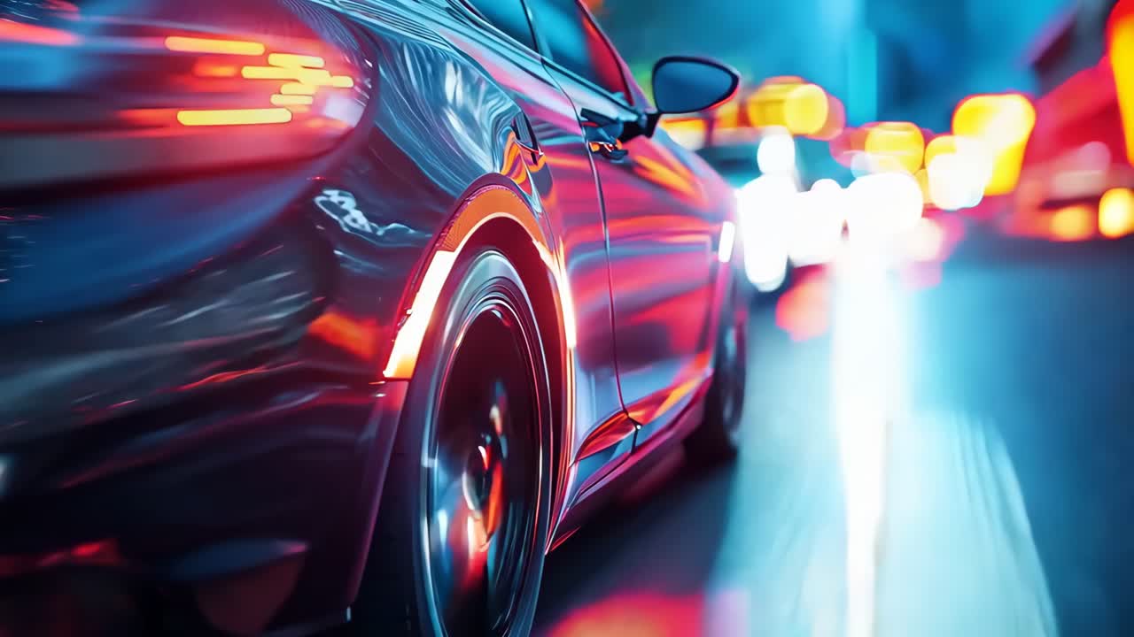 Un coche deportivo rojo conduciendo por una calle de la ciudad por la noche