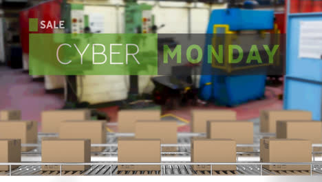 Animation-of-cyber-monday-text-over-cardboard-boxes-on-conveyor-belts-in-warehouse