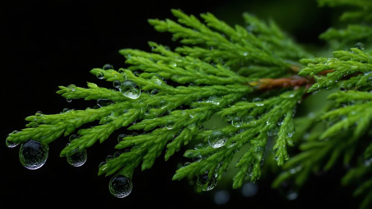 En nærbildeutforskning av duggfrisk grønt: Fengslende detaljer av et nåleformet blad med vanndråper fanget i levende klarhet.
