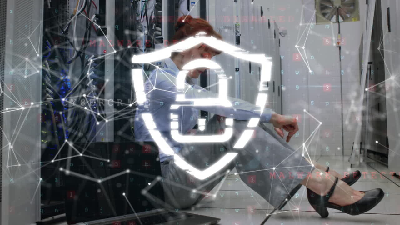 Animation of padlock and network of connections over woman sitting in computer server room