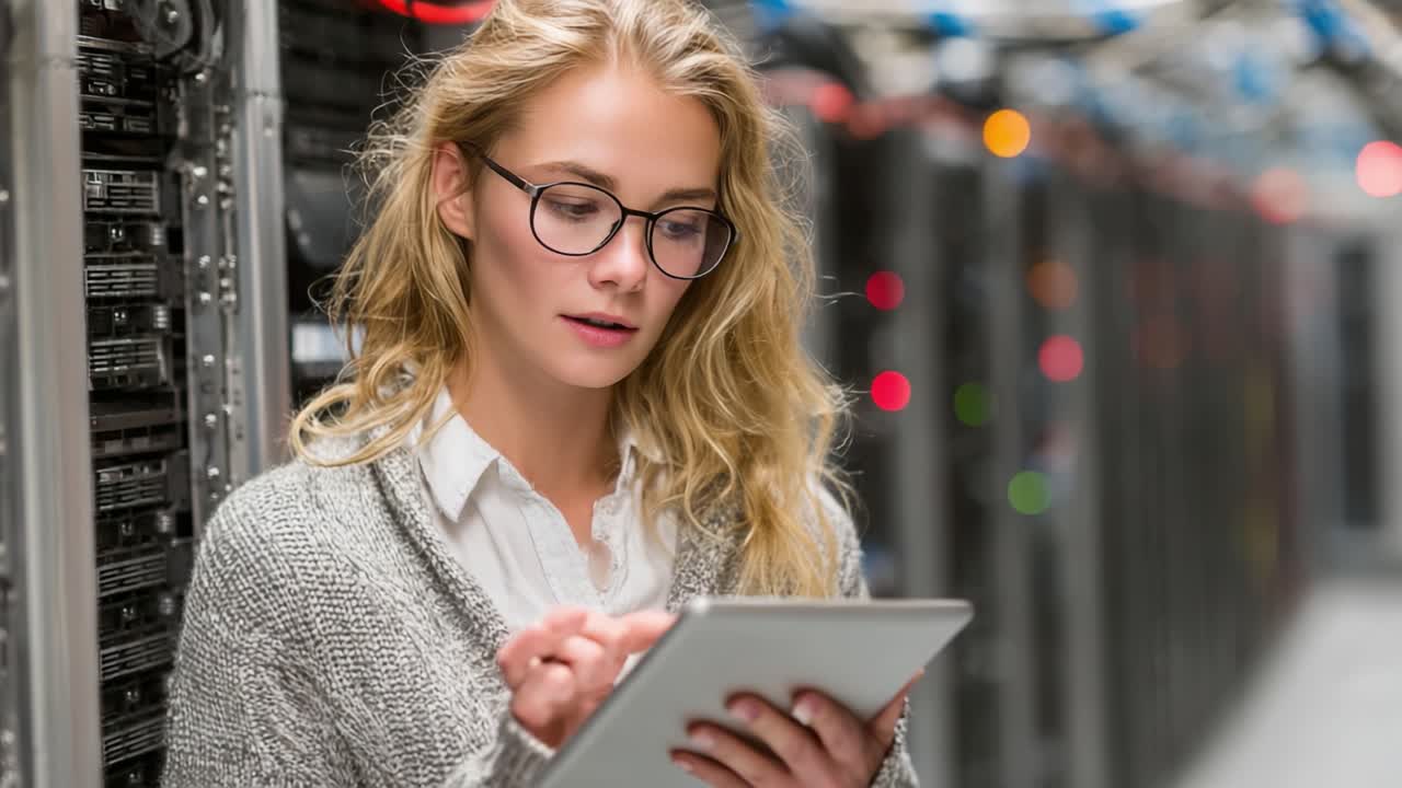A woman with glasses, deeply focused on her tablet while standing in a server room, surrounded by servers and blinking lights, showcasing a blend of technology and professionalism