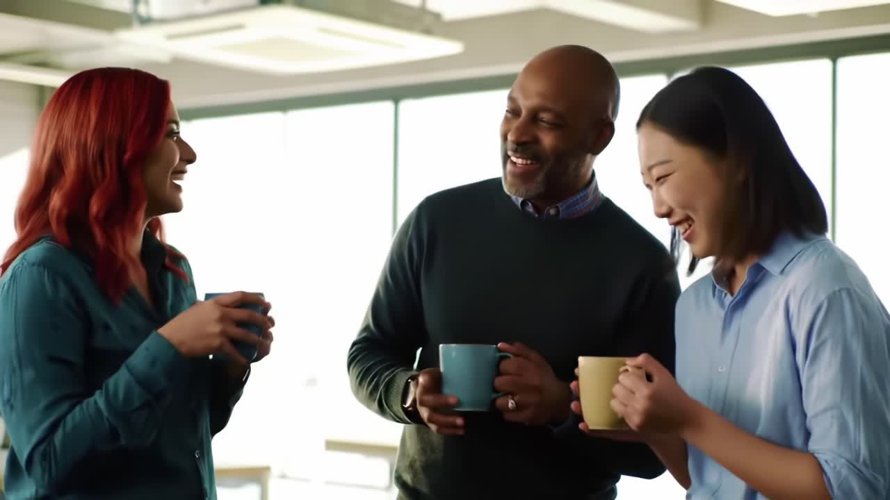 Engaging Conversations Over Coffee: Three Colleagues Share Moments of Laughter and Connection in a Bright Workplace Setting, Fostering Team Spirit and Collaboration