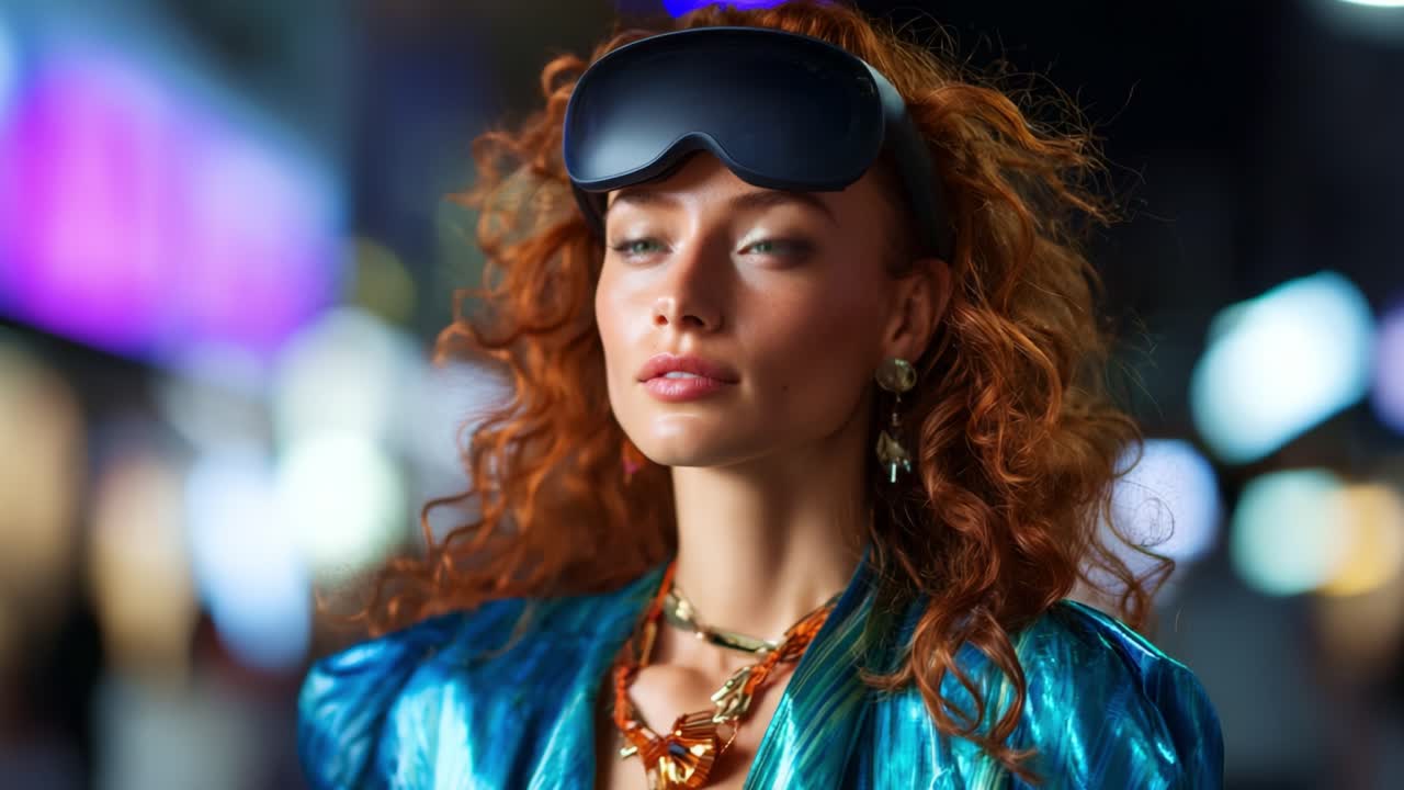 A Stunning Modern Fashion Portrait of a Woman with Vibrant Red Curly Hair and Stylish Accessories in a Lively Night Atmosphere Featuring a Trendy Eye Mask