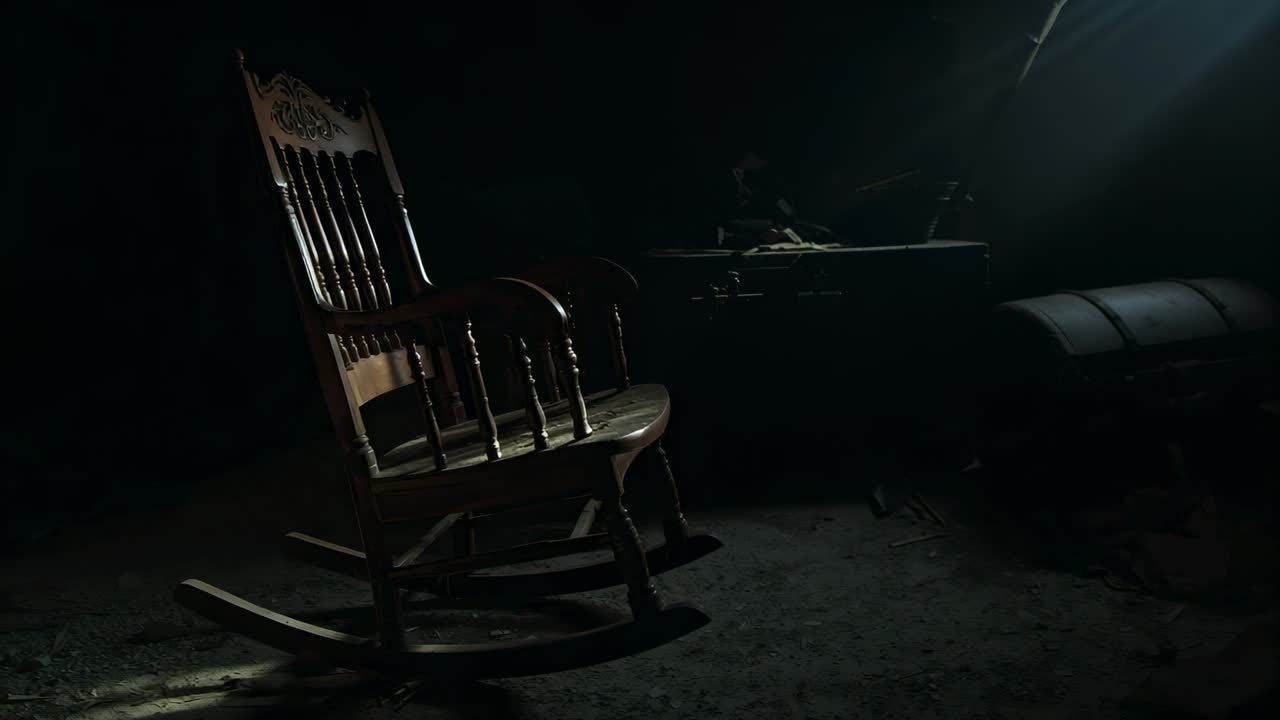 Light beam shifting causing dust motes drifting across dim attic, rocking chair, trunk, copy space