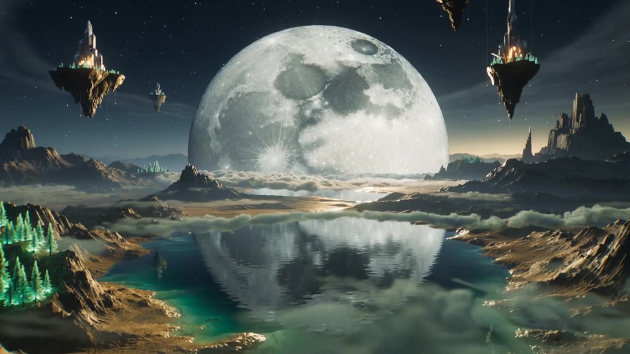 Panning camera revealing full-moon reflecting on lake as cloudbank pulling back, floating-islands