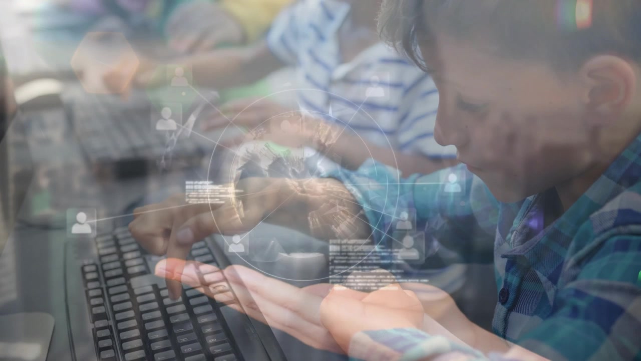 Animation of connections with globe over caucasian boy using computer