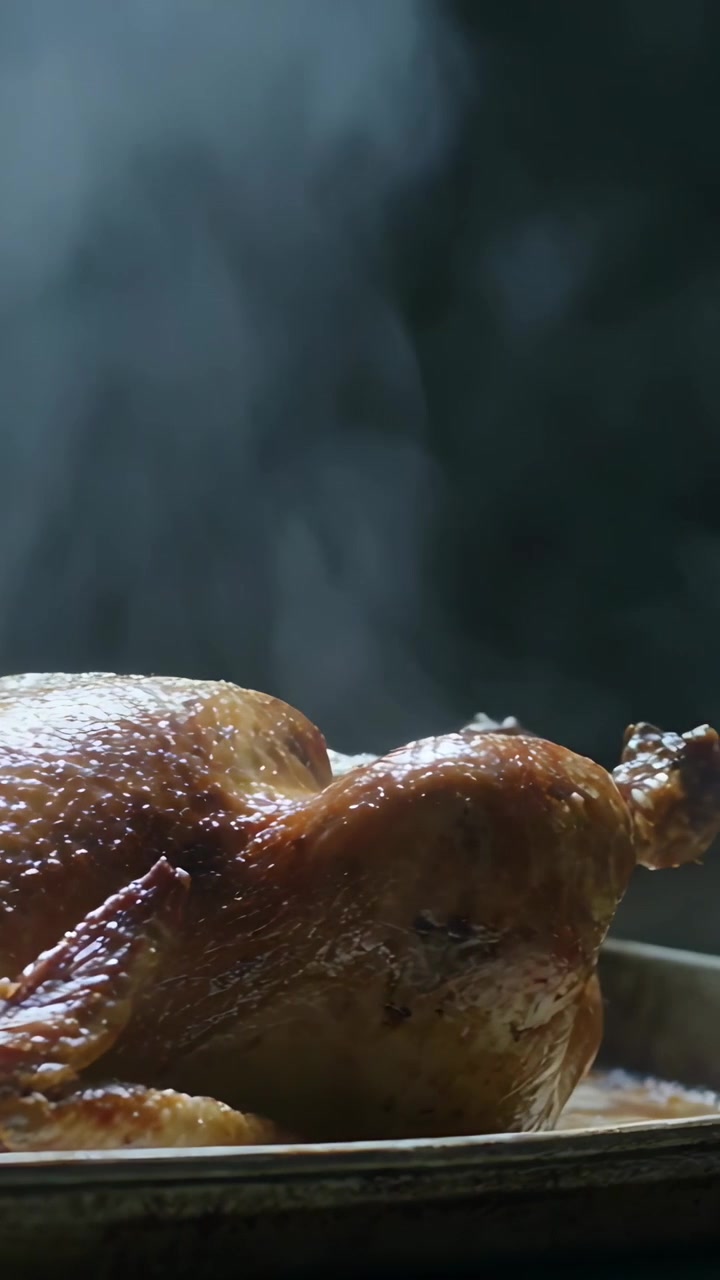 Video verticale: Pollo arrosto intero a riposo che rilascia vapore dopo essere stato tolto dal forno, su un vassoio di metallo.
