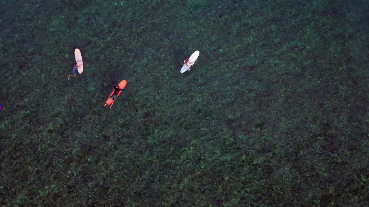 Surfers floating on surfboards, patiently waiting for waves to break in the open blue ocean with mountains under clearing skies. Tremendous aerial view drone camera pointing down