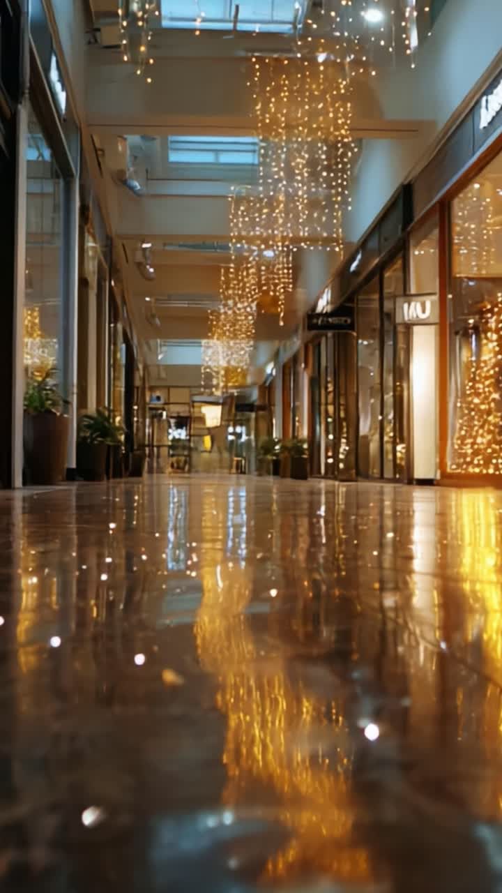 Breathtaking display of shimmering lights in a modern shopping corridor, featuring a reflective surface glistening under elegant decorations creating a captivating ambiance perfect for evening strolls