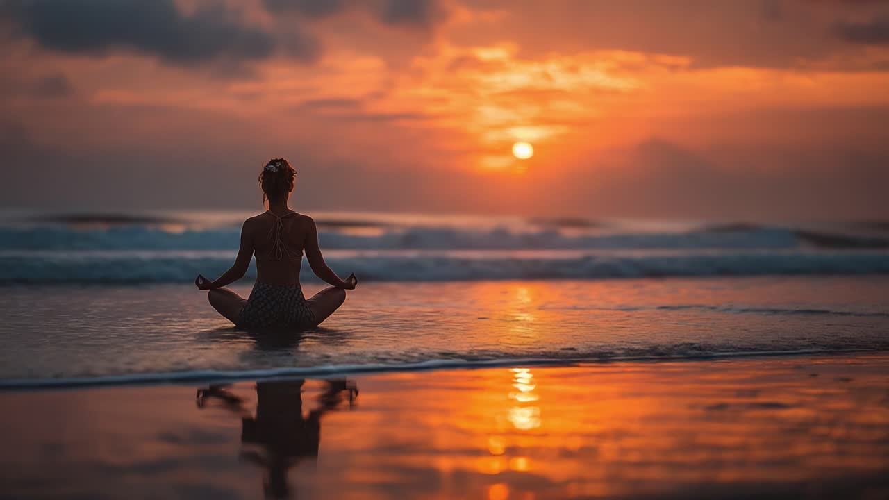 A Serene Moment of Meditation at Sunset on the Beach, Embracing Tranquility and Inner Peace While the Waves Gently Lapping at the Shore Create a Calming Atmosphere