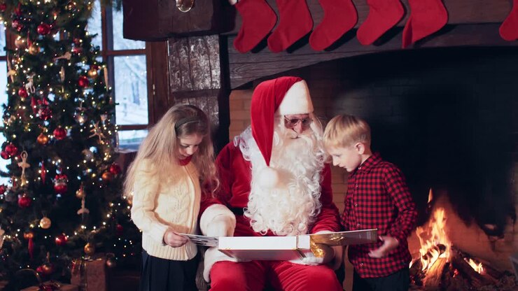 Santa Claus is reading a book to children sitting near a fireplace with Christmas stockings and a Christmas tree