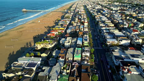 aerial view captures road between rows of houses in picturesque manhattan beach neighborhood