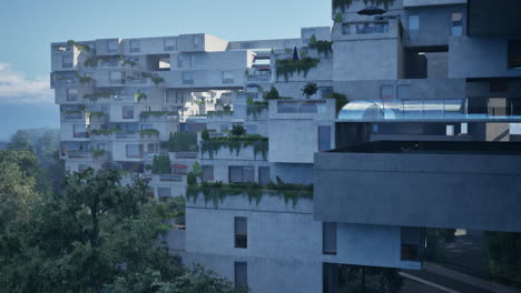 modern concrete building with balconies and greenery