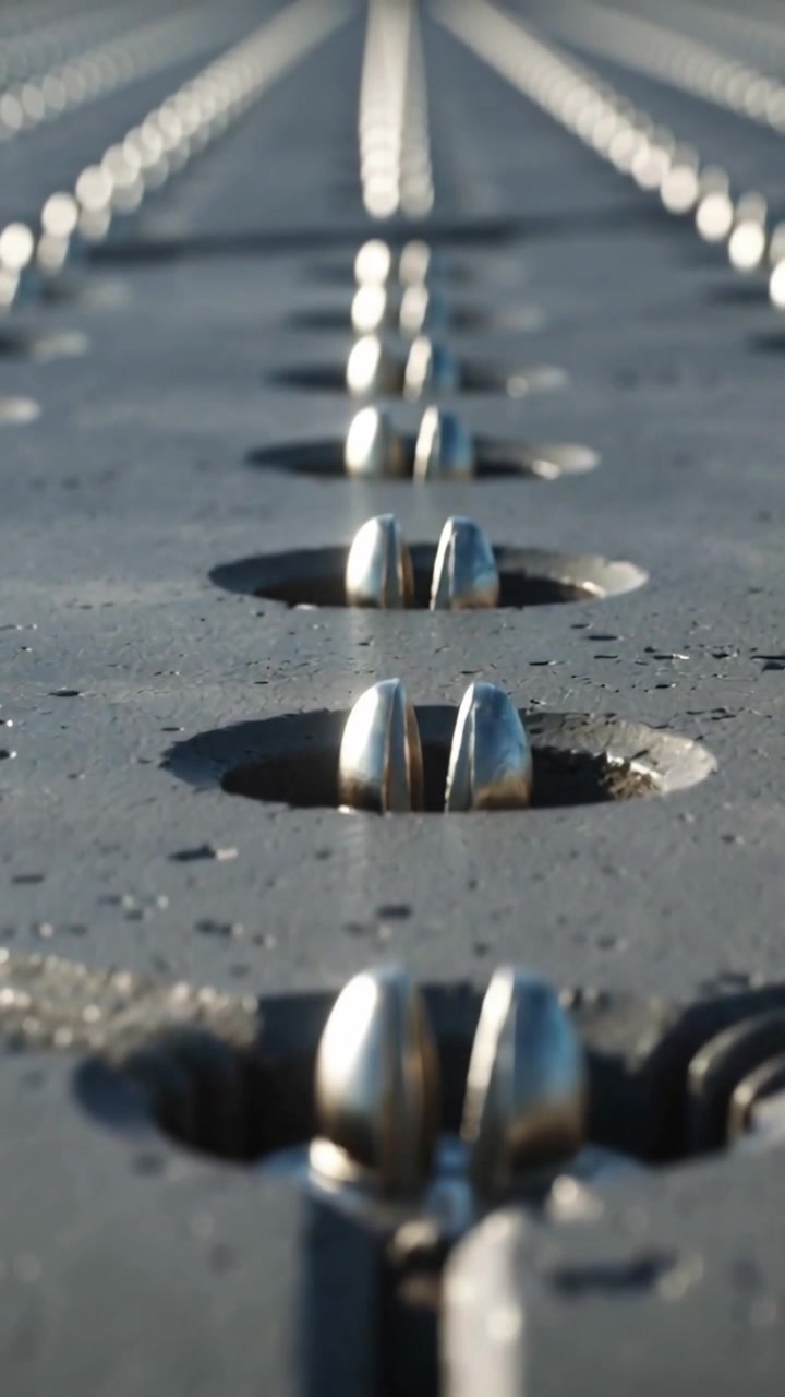 Vertical video: Panning camera showing center paired studs along joint on deck, showing detail
