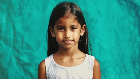 young girl with long dark hair stands confidently against a vibrant teal backdrop, showcasing a joyful smile that radiates happiness and innocence in a studio setting