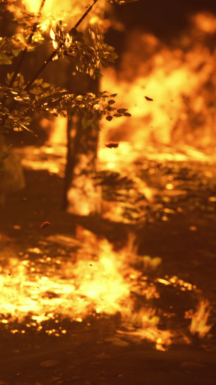 Flames dance wildly under the night sky illuminating the dark forest
