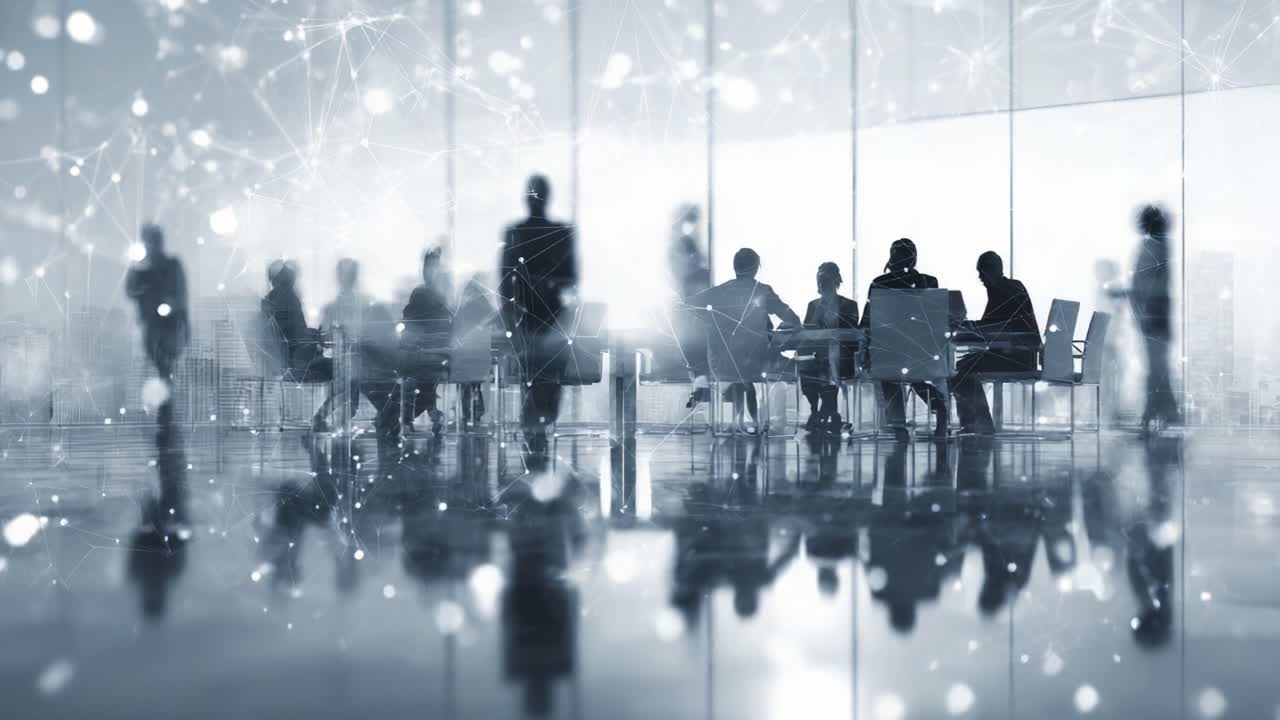 A Collaborative Meeting in a Modern Office: Shadows and Silhouettes of Professionals Engaging in Strategic Discussions with a Futuristic Atmosphere