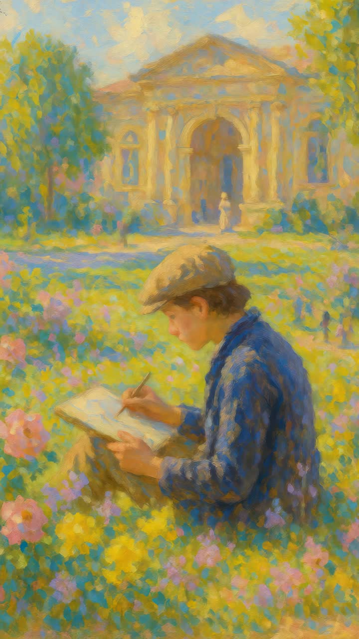 Impressionist-style video still of a person sketching in a vibrant garden, captured from a side