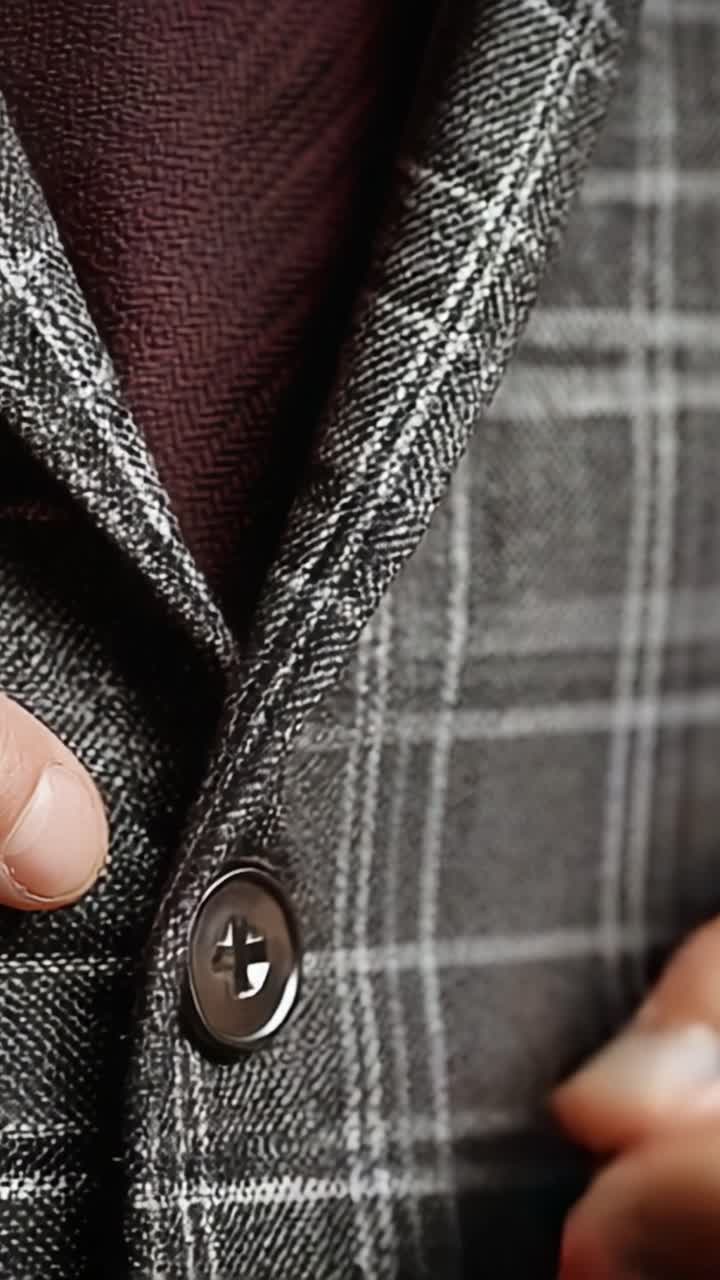 Close-Up Detail Jaket Jas yang Dibuat Khusus: Menampilkan Detail Kancing dan Kain Bertekstur dalam Pengaturan Mode yang Bergaya.