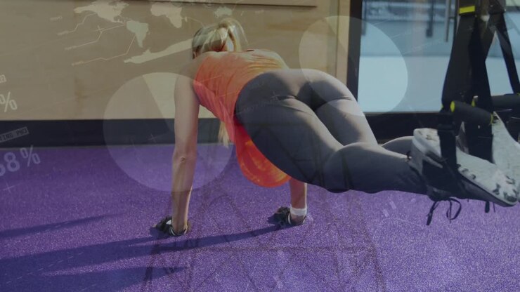 animación del procesamiento de datos estadísticos sobre una mujer caucásica que realiza ejercicios de abdominales en el gimnasio