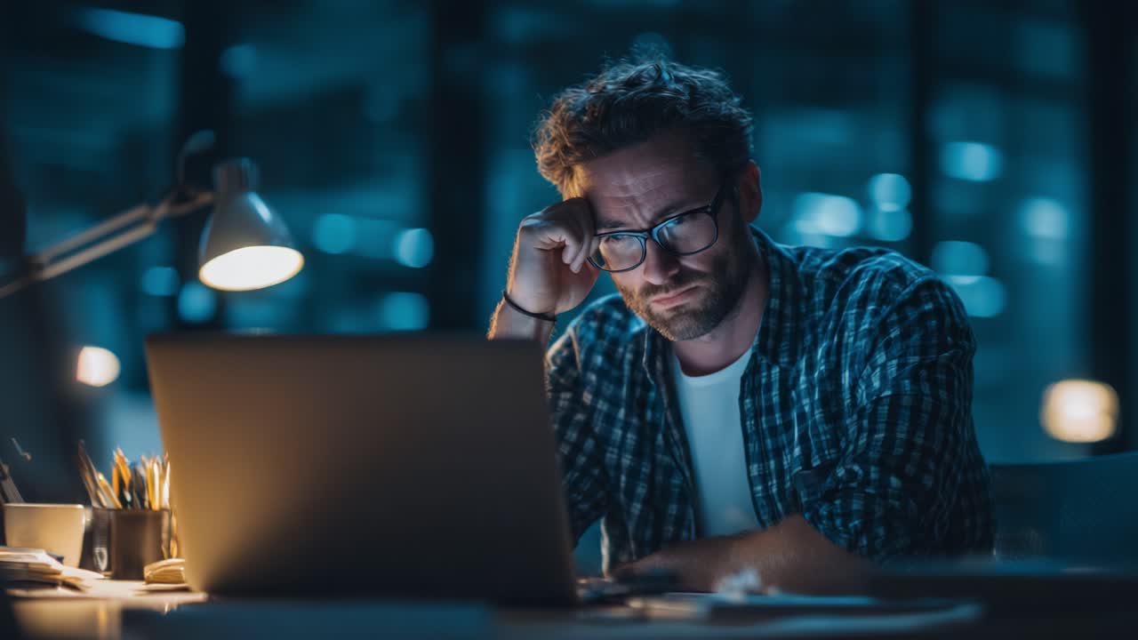 Intense Focus: A Stressed Professional Contemplates Solutions While Working Late at Night in a Modern, Dimly Lit Office Environment with a Laptop
