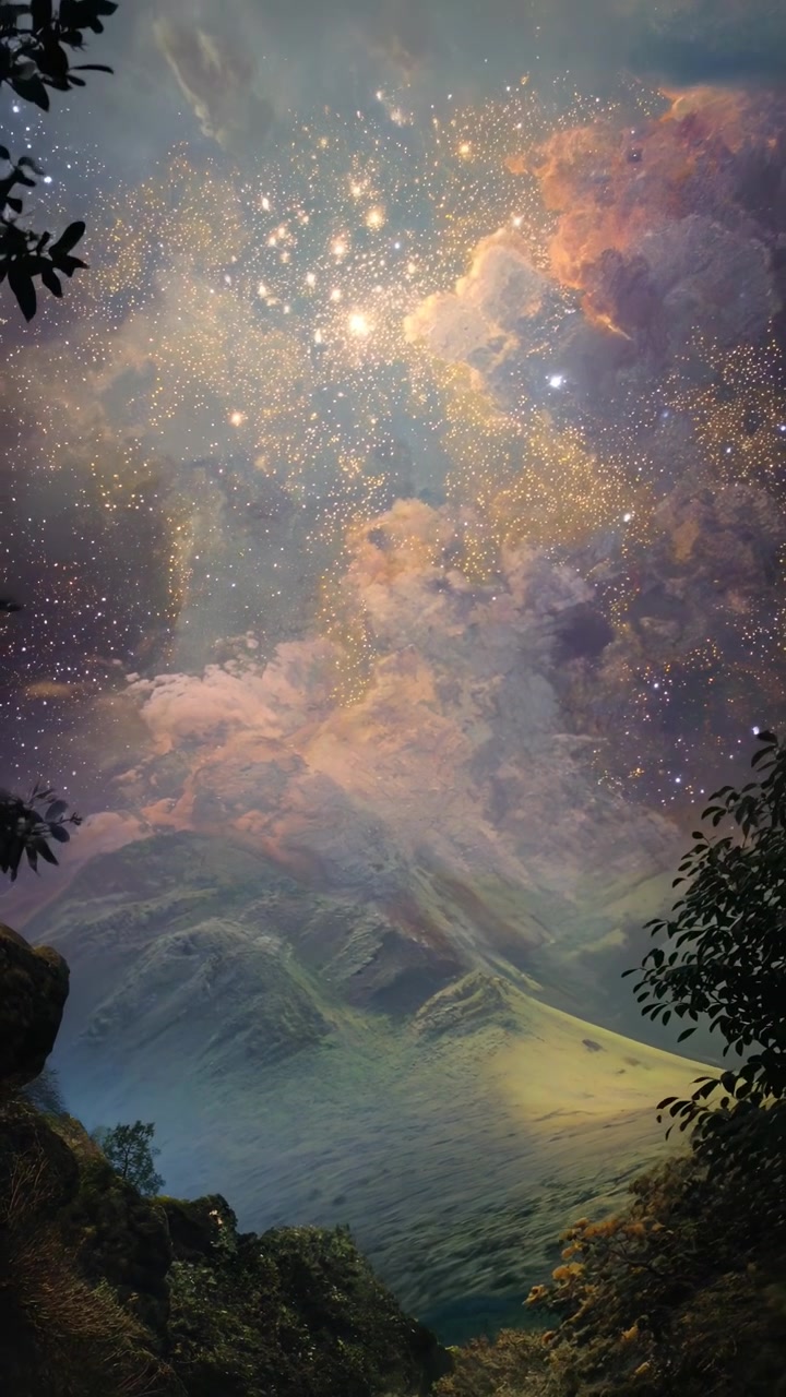 Dreamy Starry Sky with Nebula Over a Fantasy Mountain Valley