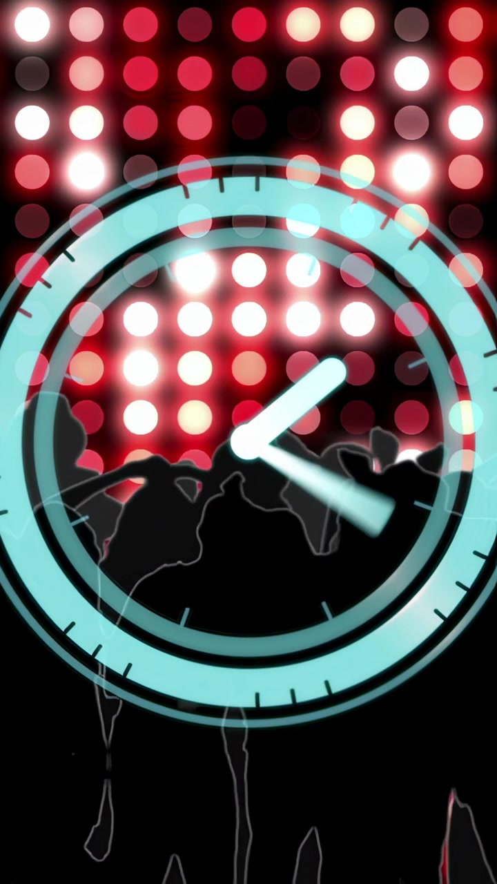 Video verticale: Inizia il ritmo, orologio turchese che ruota mentre la folla alza le braccia, mostrando un conto alla rovescia.