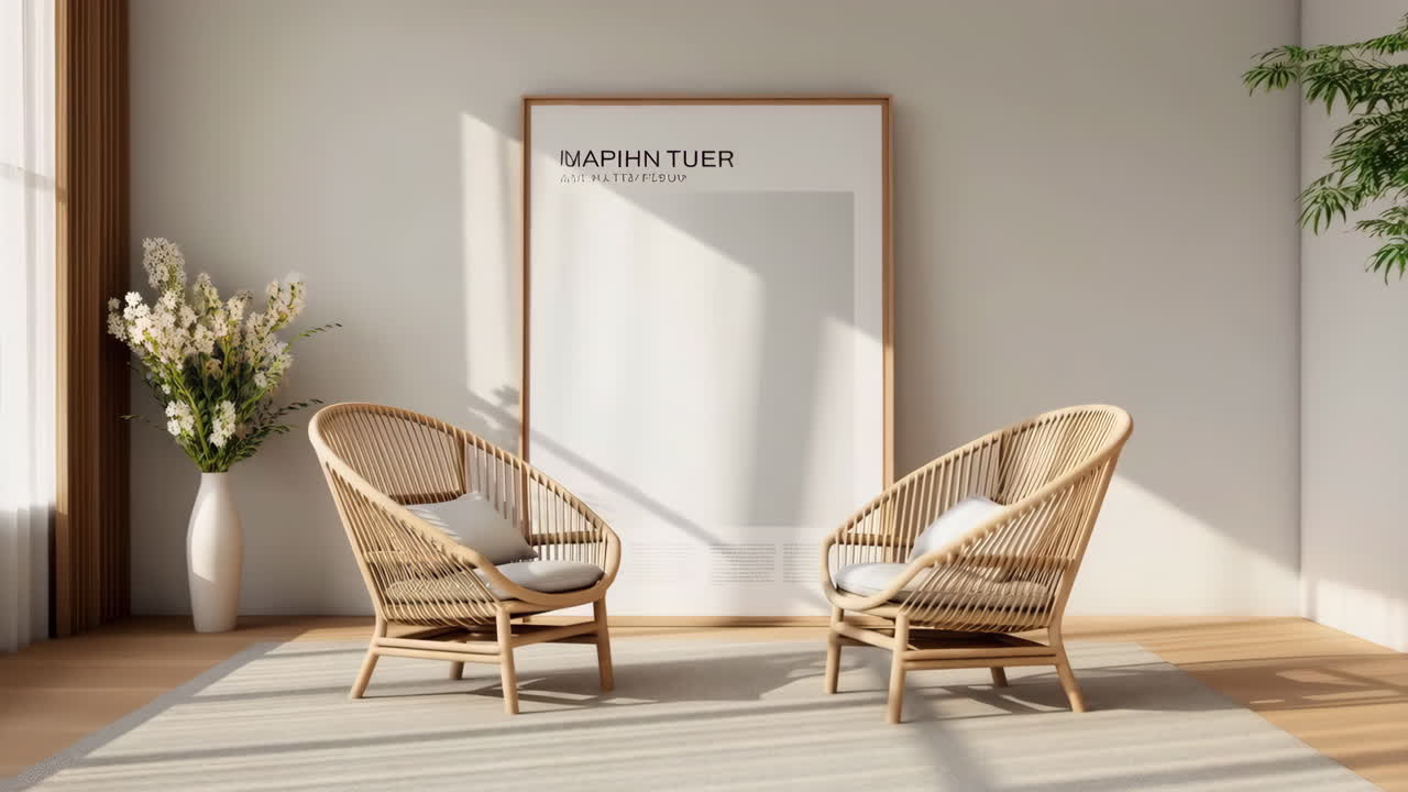 Cozy Living Room with Rattan Chairs and Minimalist Decor