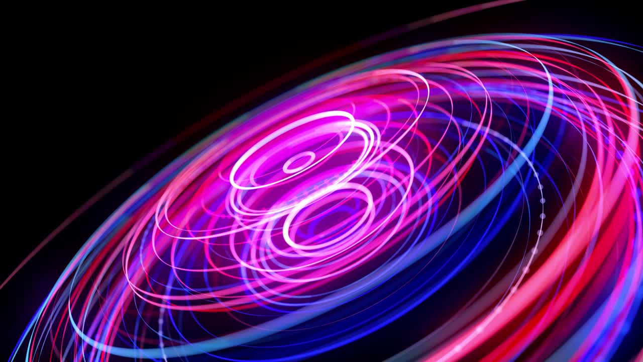 Light flow in ring structure, bg in 4k. Abstract looped background with light trails, stream of red blue neon lines in space form rings. Modern trendy motion design background. Light effect,