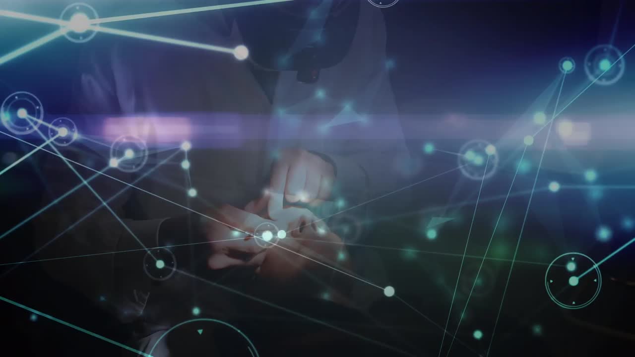 Animation of network of connections over hands of caucasian male eye doctor and patient