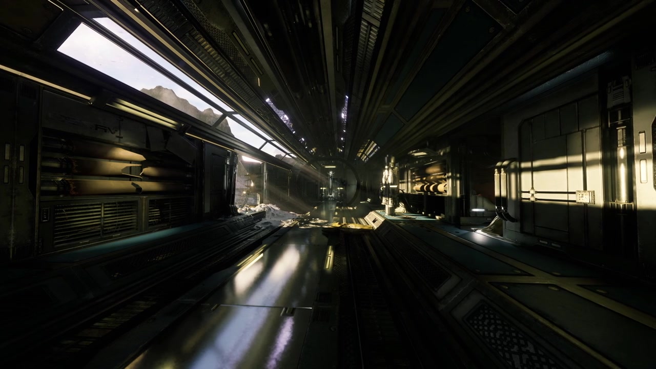 Los detalles texturales y las fuentes de luz enfatizan la escala y la profundidad espacial en la escena.