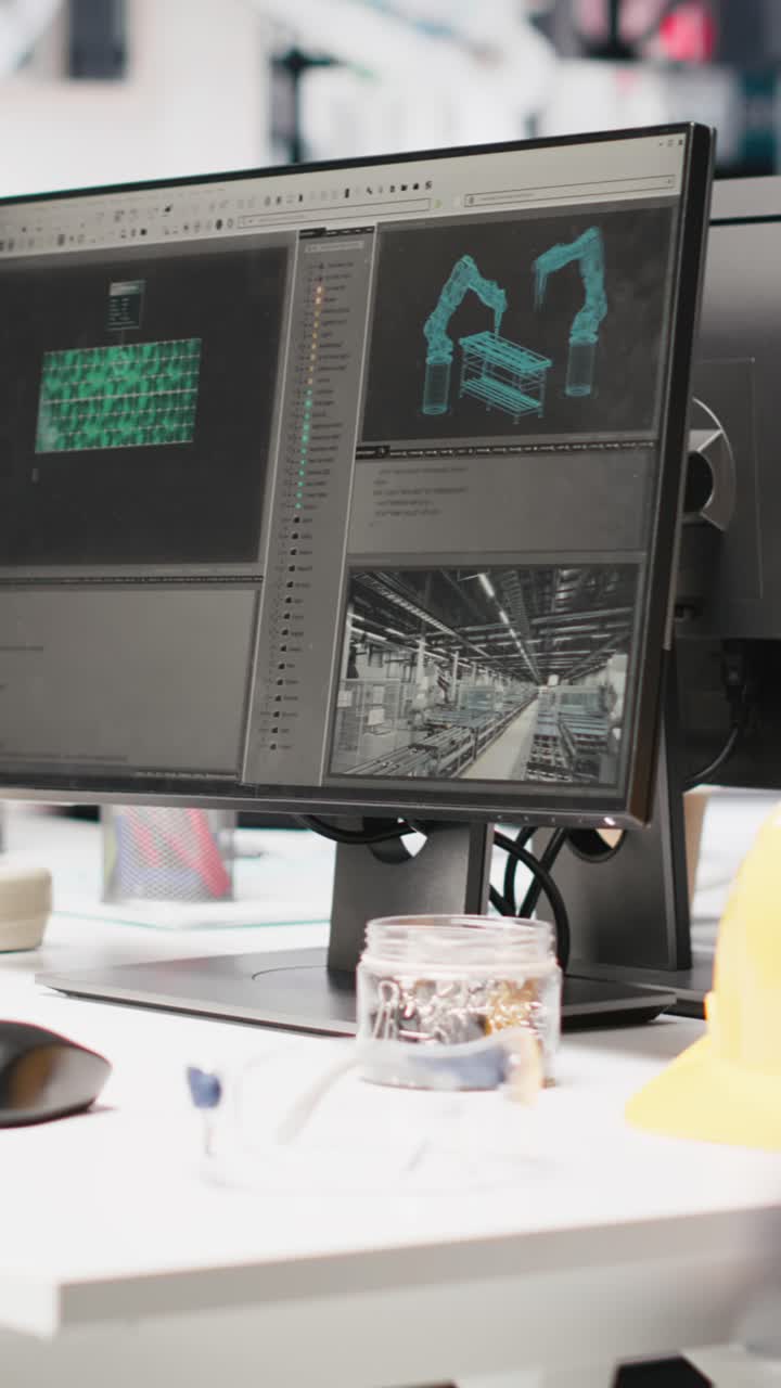 Vertical Video PC on desk in empty photovoltaics factory used for data analysis