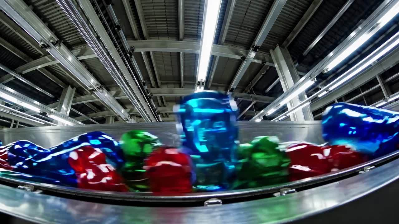 Wide-angle shot of colorful plastic bottles on a conveyor belt in a factory setting