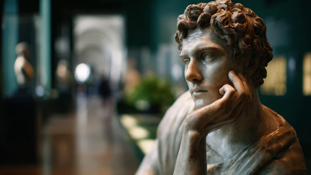 Una scultura in marmo che invita alla riflessione, raffigurante una figura giovanile in un museo, che suscita contemplazione e apprezzamento estetico tra le opere d'arte.