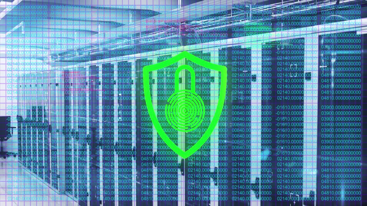 Animation of digital padlock, mathematical equations and data processing over computer servers