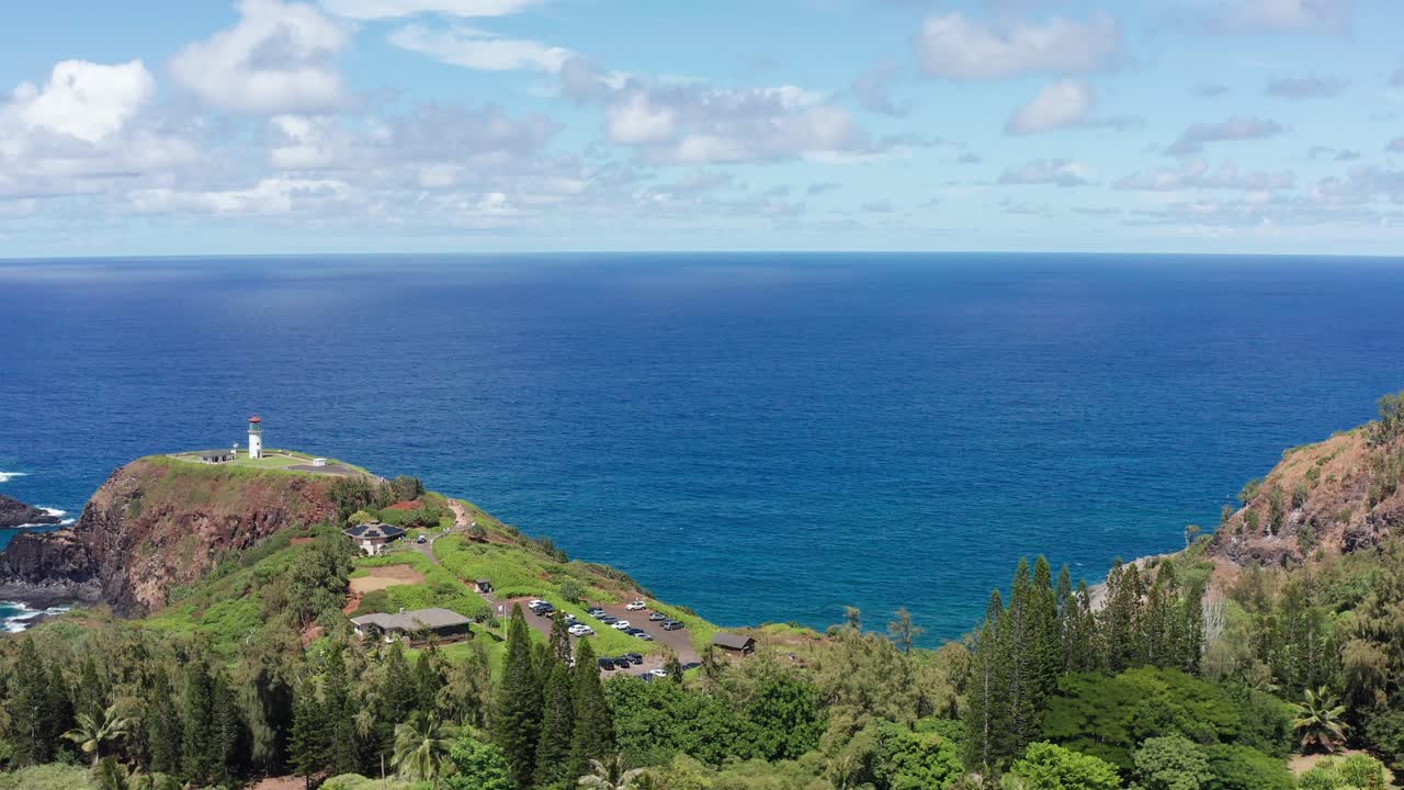 Low aerial panning shot of Kilauea Point National Wildlife Refuge on the North Shore of Kaua'i, Hawai'i