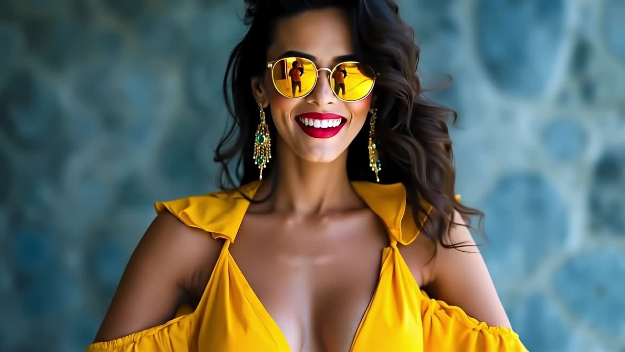 Một người phụ nữ mặc váy vàng và đeo kính râm tạo dáng chụp ảnh