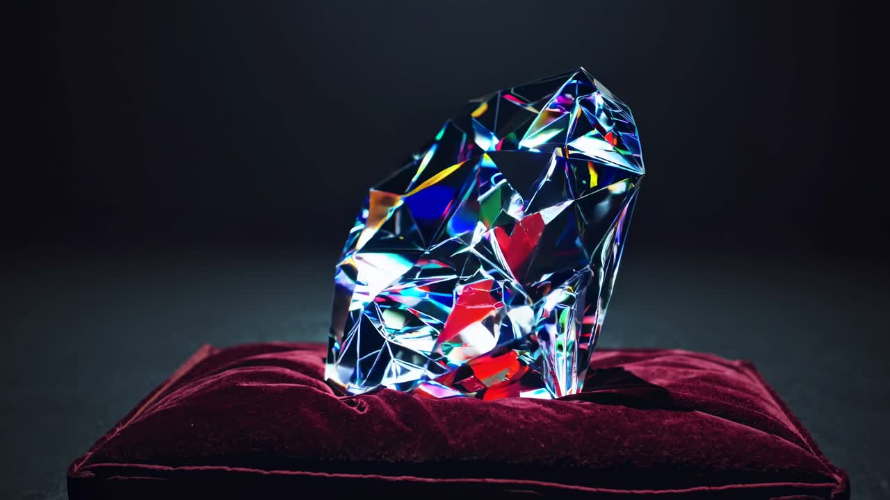 Close-up video of a sparkling diamond on a red velvet cushion, shot from a low angle