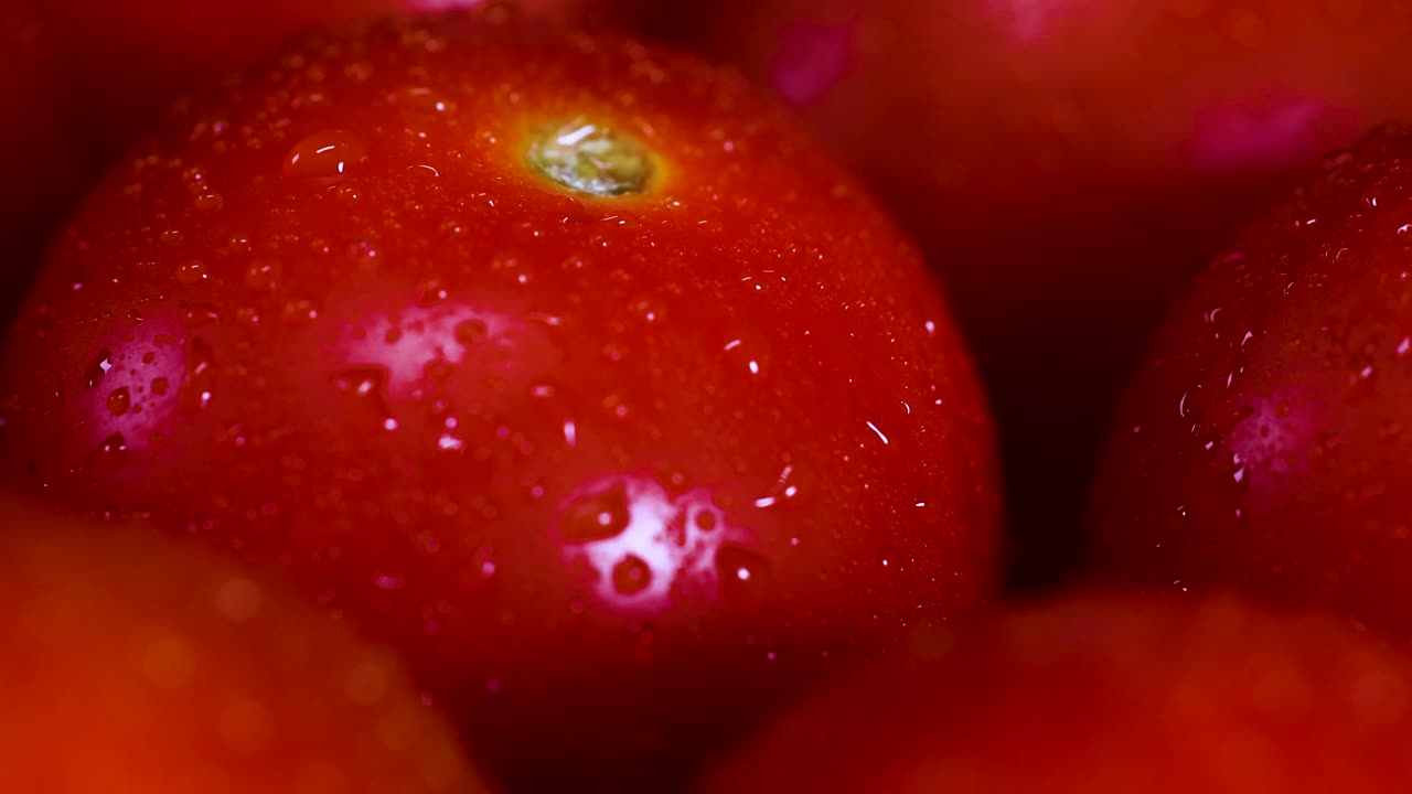 Vibrant cherry tomatoes rotate under soft lighting, highlighting their glossy texture and fresh appearance