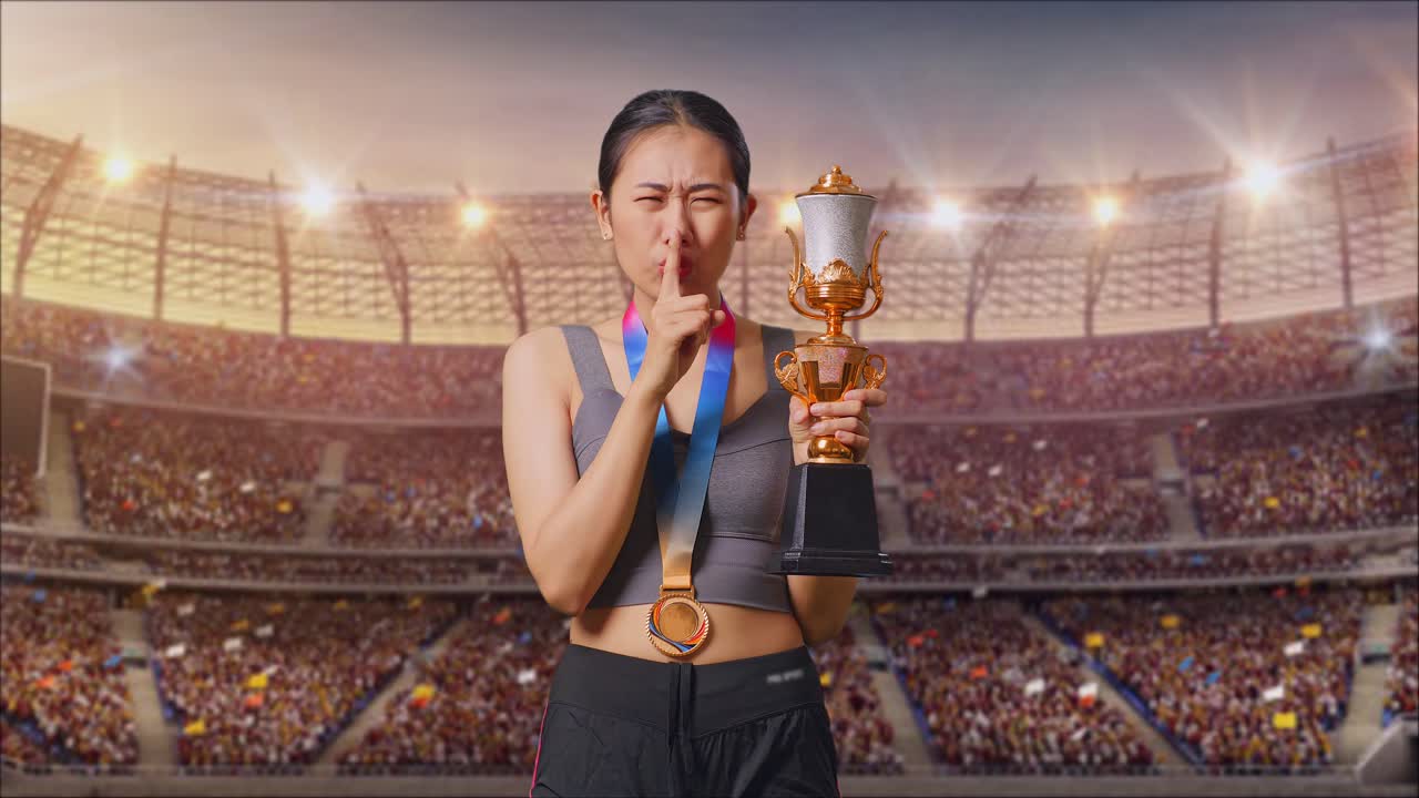 Asian Woman With A Gold Medal And Trophy Making Shh Gesture Telling It Is A Secret To Win As The First Winner At The Stadium