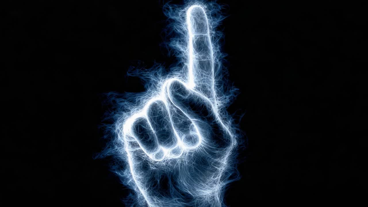 Un gesto luminoso: una mano alzata con una presenza elettrizzante, che simboleggia comunicazione, attenzione o significato su uno sfondo scuro.
