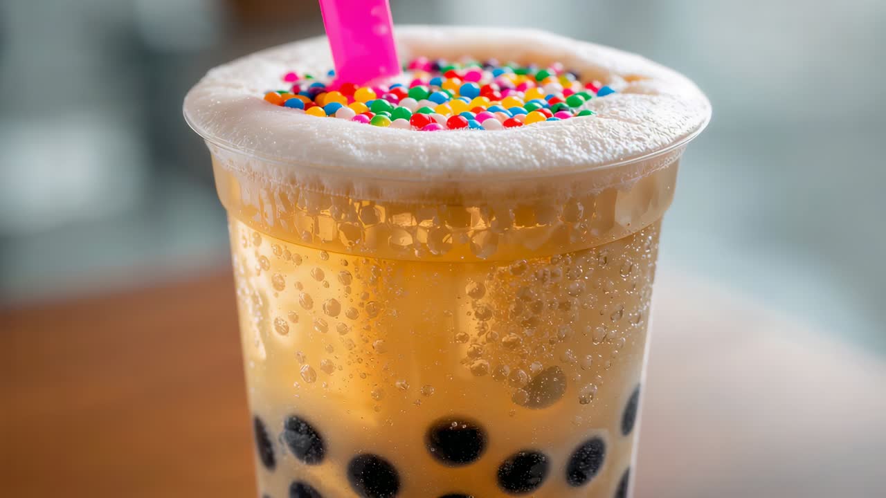 Câmera mudando de ângulo e mostrando um copo de bubble tea em uma mesa de madeira, capturando as pérolas, a espuma, os confeitos e o canudo rosa
