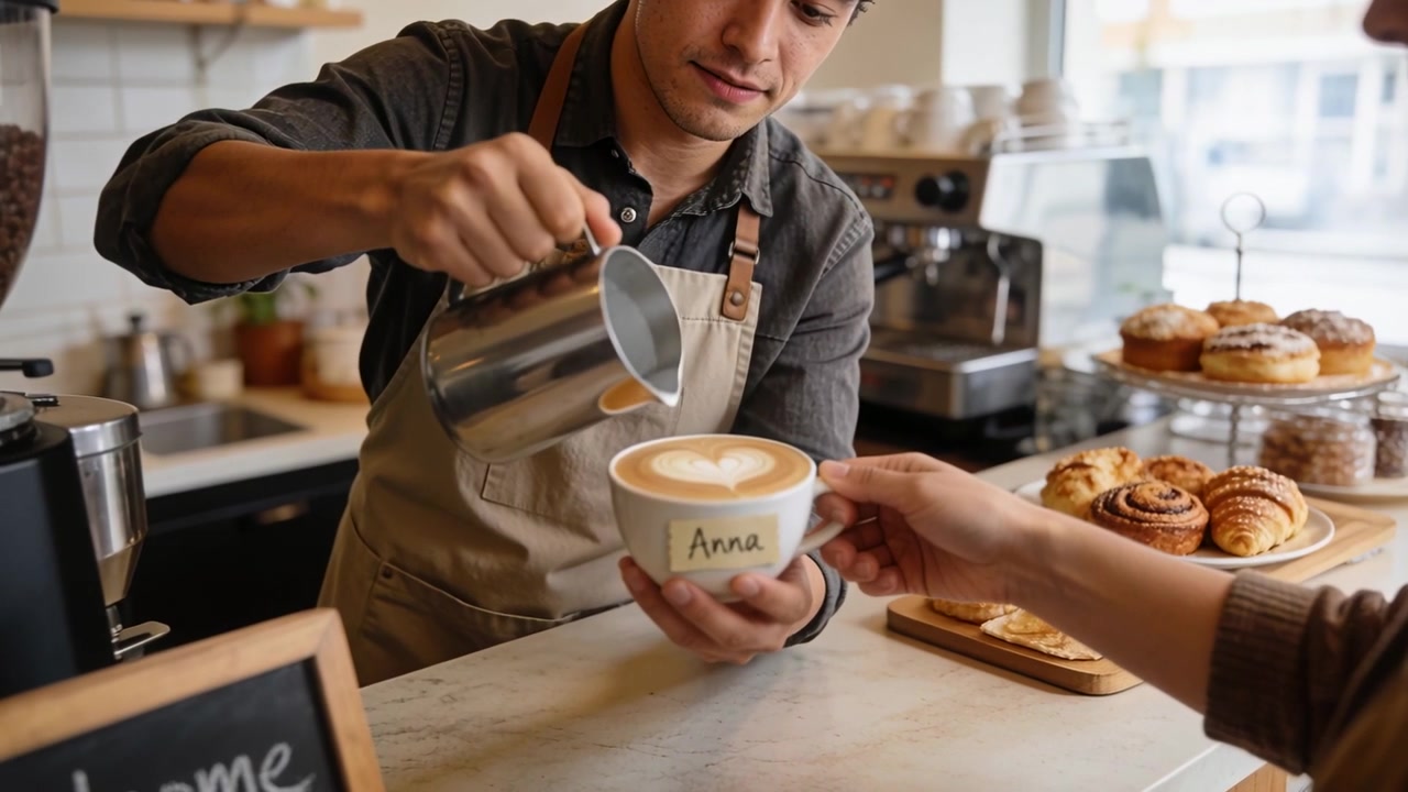 Barista con grembiule che versa il latte in una tazza etichettata "Anna" al bancone del caffè, un cliente che si allunga per prendere il latte macchiato.