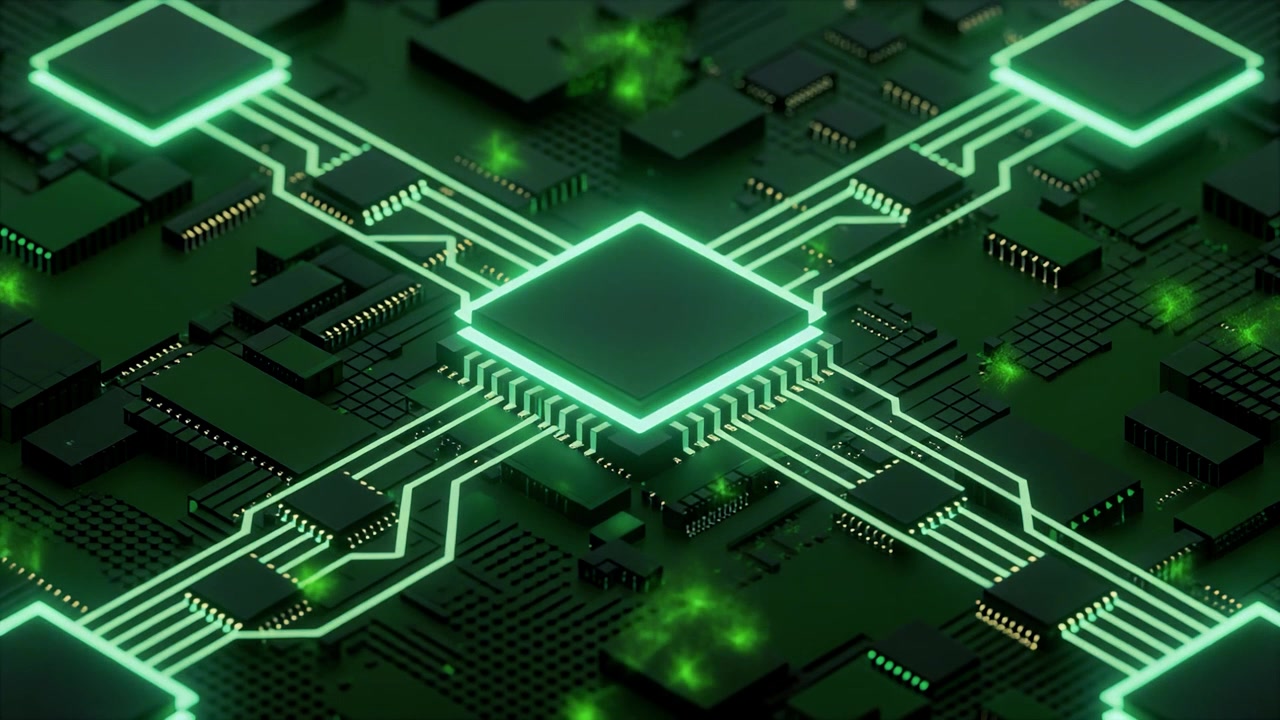 Digitale printplaat met gloeiende groene datastroom