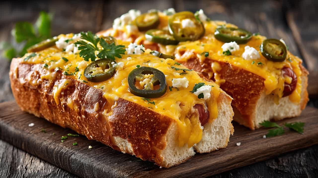 Deliziosi panini hot dog al formaggio guarniti con jalapeños ed erbe fresche su un tagliere di legno rustico.